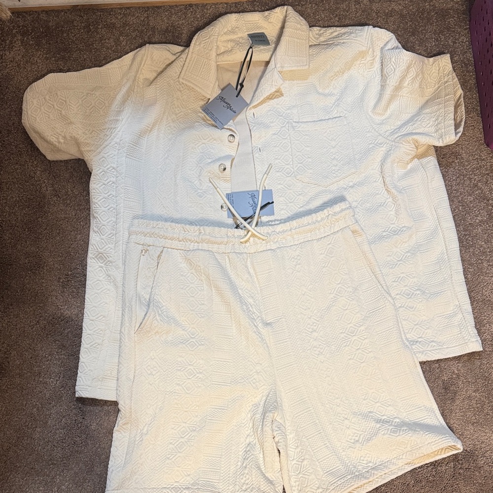 Cream Textured Shirt and Shorts Set for Men